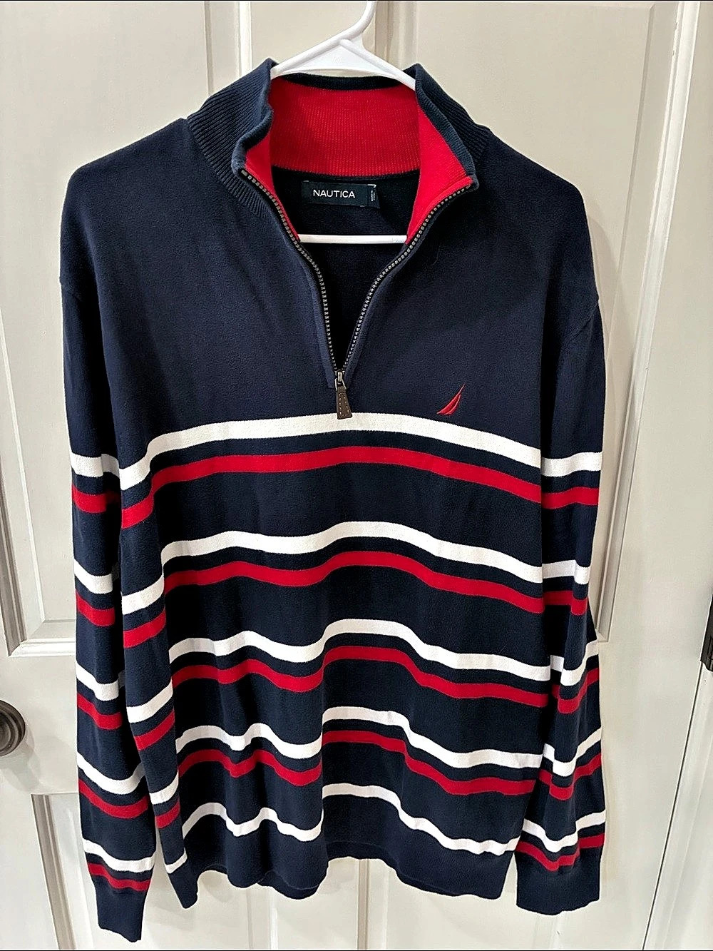 Nautica Striped 1/4 Zip Mock Neck Cotton Sweater Striped Quarter-Zip Sweater XL